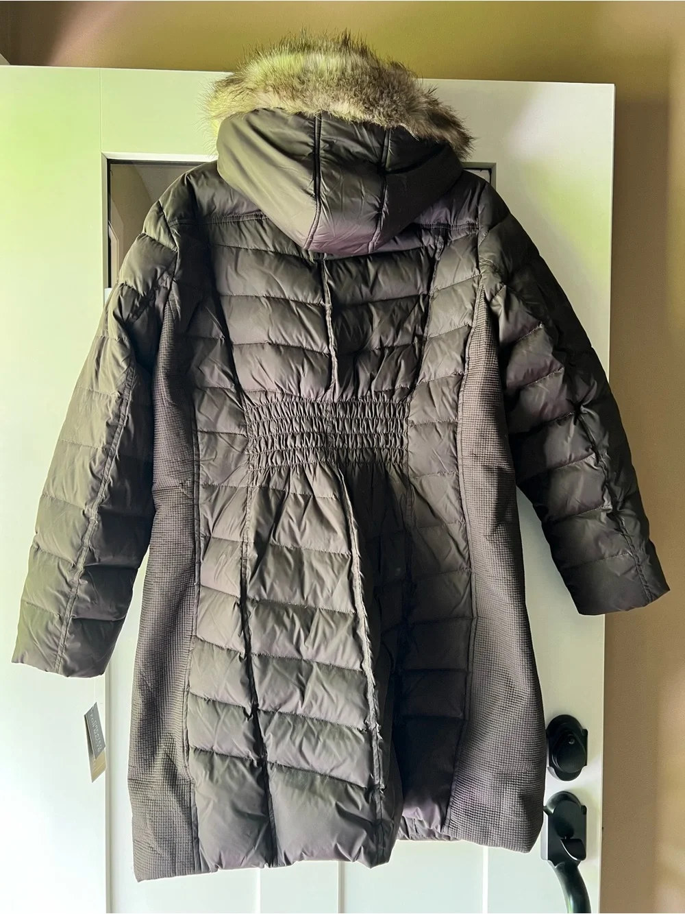 Michael Kors Long Hooded Puffer Coat with Faux Fur Trim - Brown